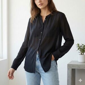 Aritzia T. Babaton Silk Top Womens Small Black‎ Semi-Sheer Button Up Long Sleeve